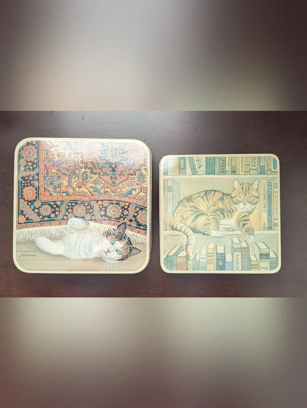 Vintage 1982 Lowell Herrero Stacking Kitty Cat Tin Box With Lids Set Of 2